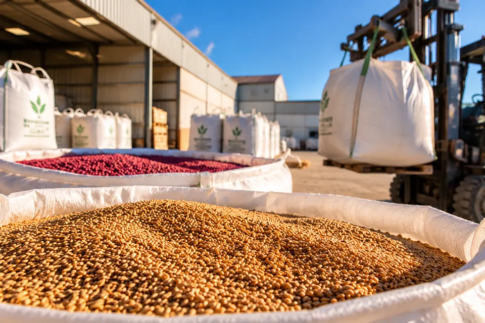 Semillas y sacos de suministros agrícolas con carretilla elevadora