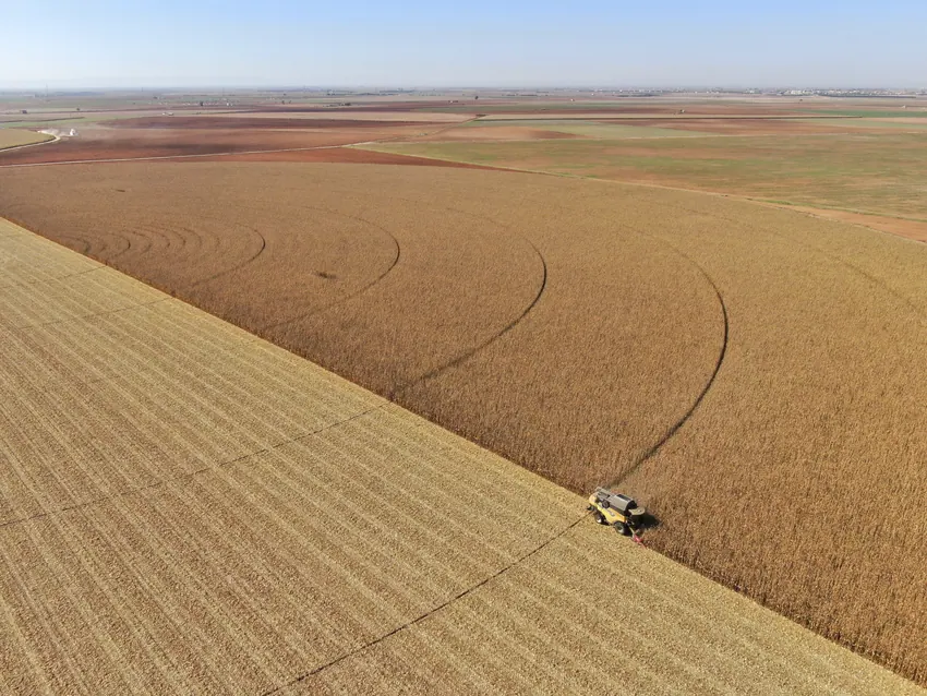 Cosechadora trabajando en un campo de cereal desde el aire
